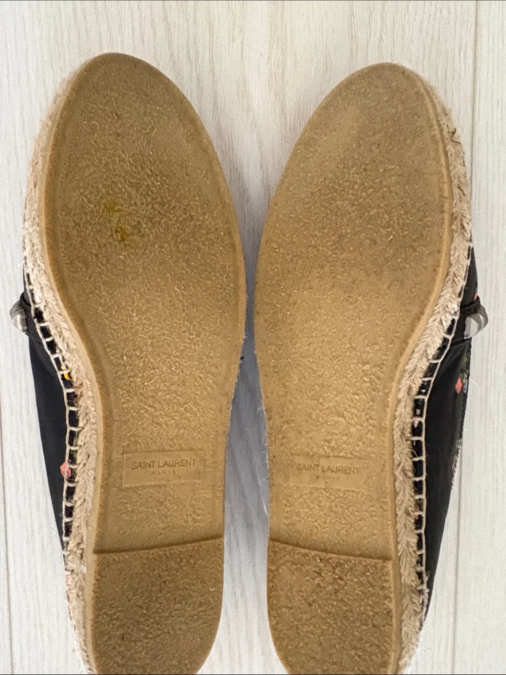 Saint Laurent Black Floral Espadrilles with Silver Stud Trim